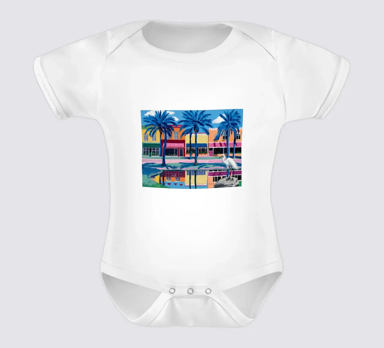 Reflected Palm City short-sleeve baby romper by Silk Palette