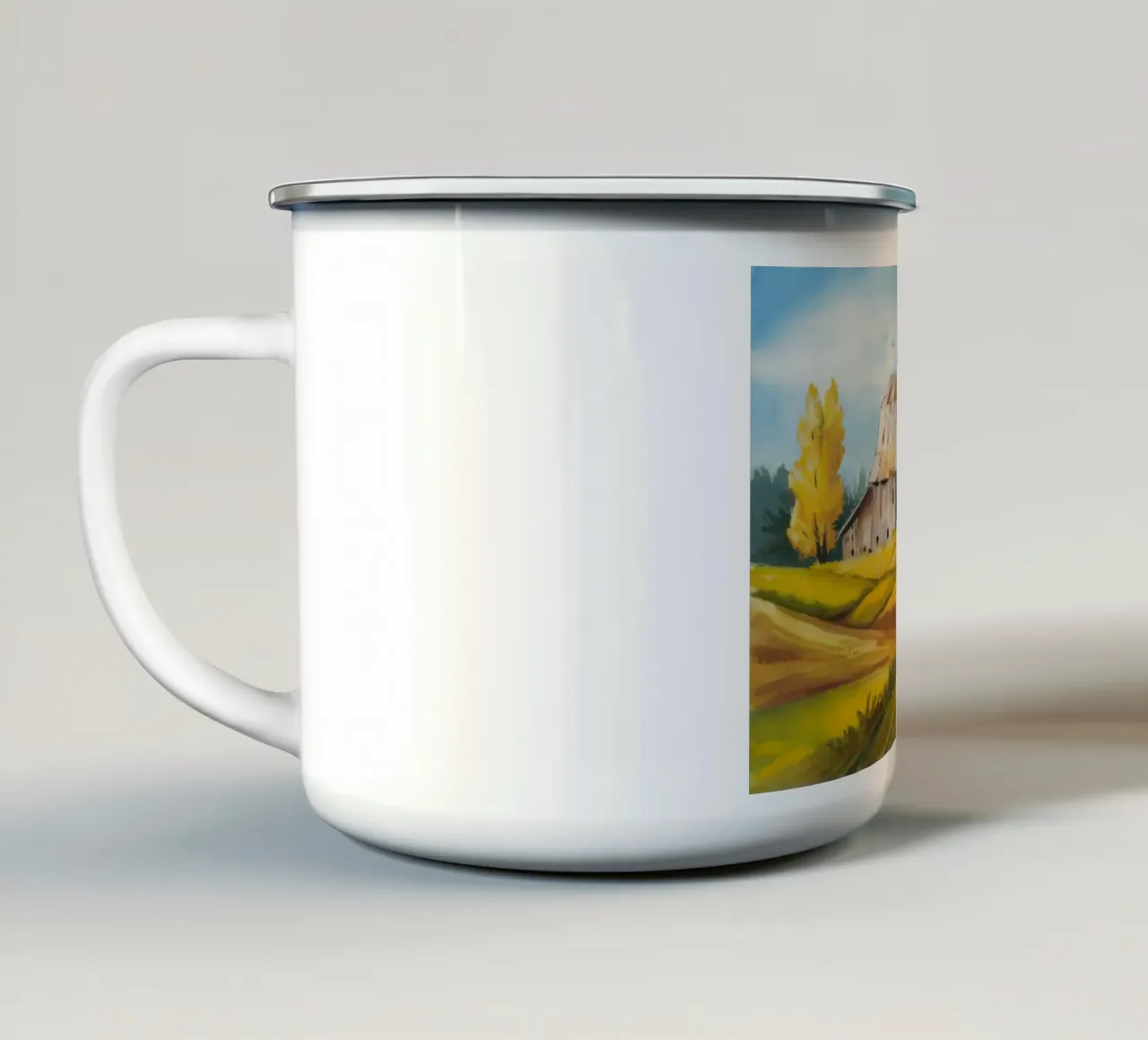 Scena autunnale di un fienile tazza in smalto da Silk Palette
