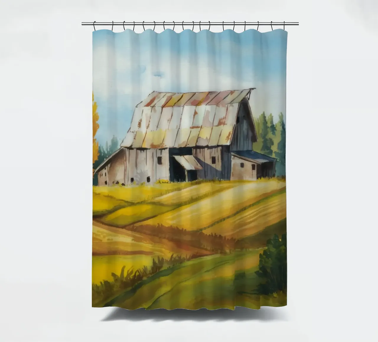 Scena autunnale di un fienile tenda da doccia da Silk Palette