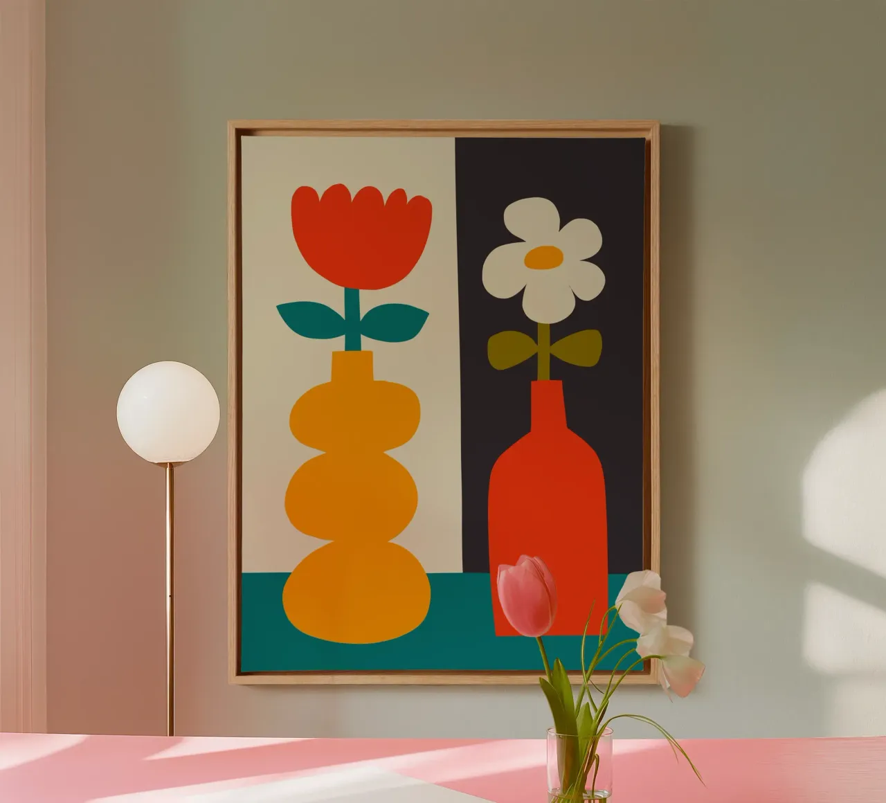 Kleurrijke Mid Century Moderne Vazen Kunstprint Minimalistisch canvas met Baklijst van THE MOTIVATED TYPE