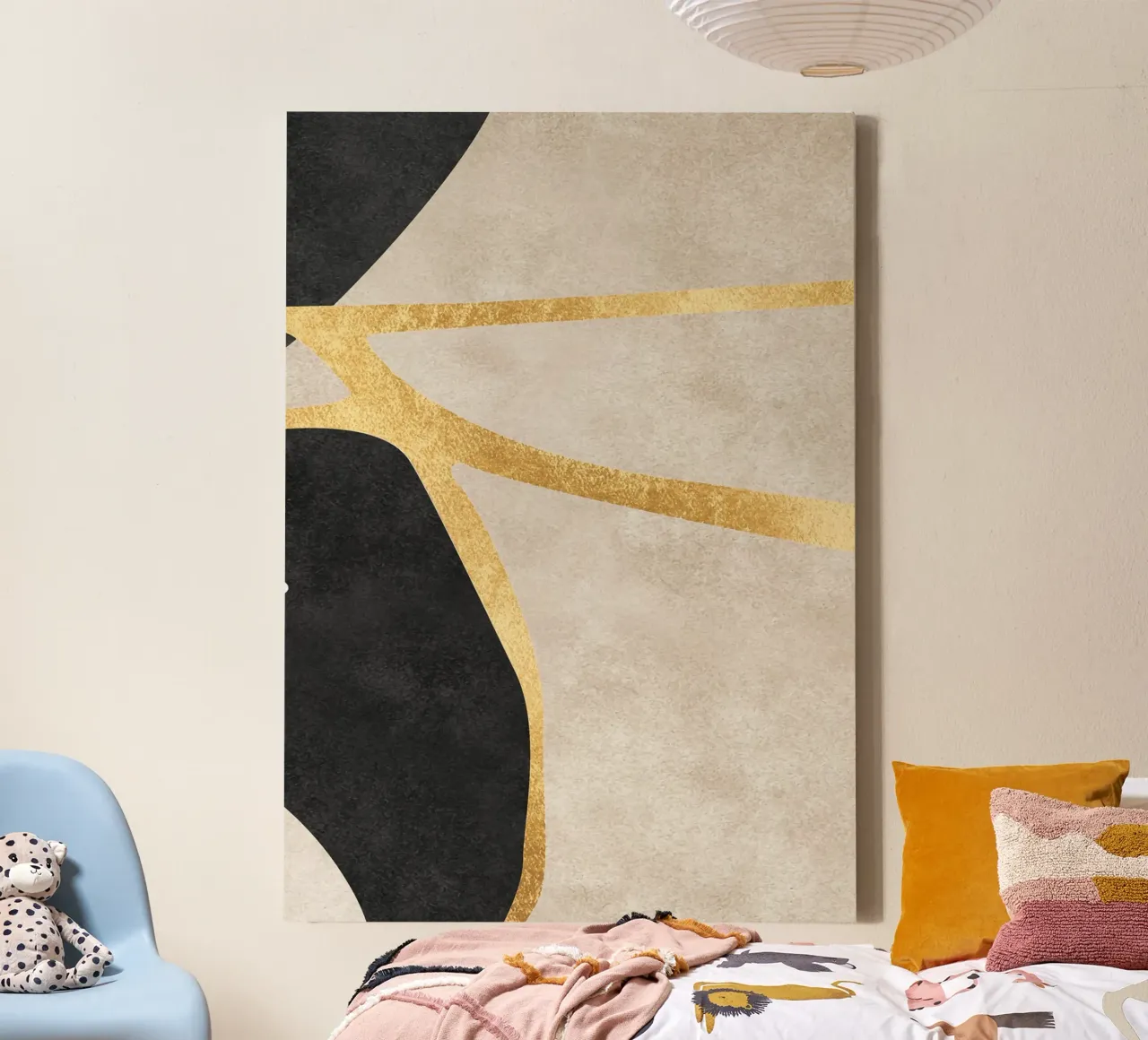 abstract art shapes black with gold tela con Cornice a cassetta da vintageshop