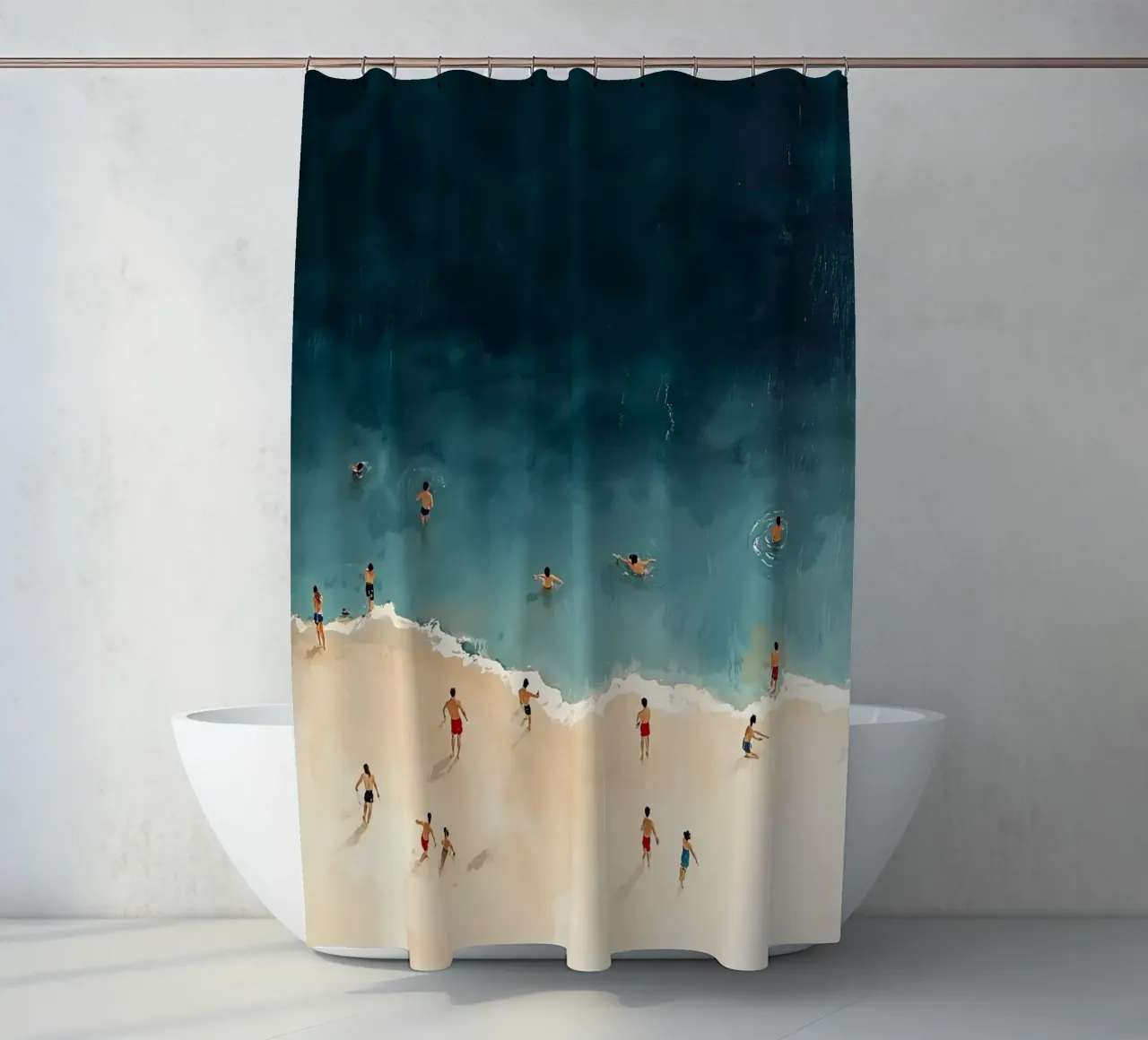 Swimming people shower curtain by IamHomeStudio