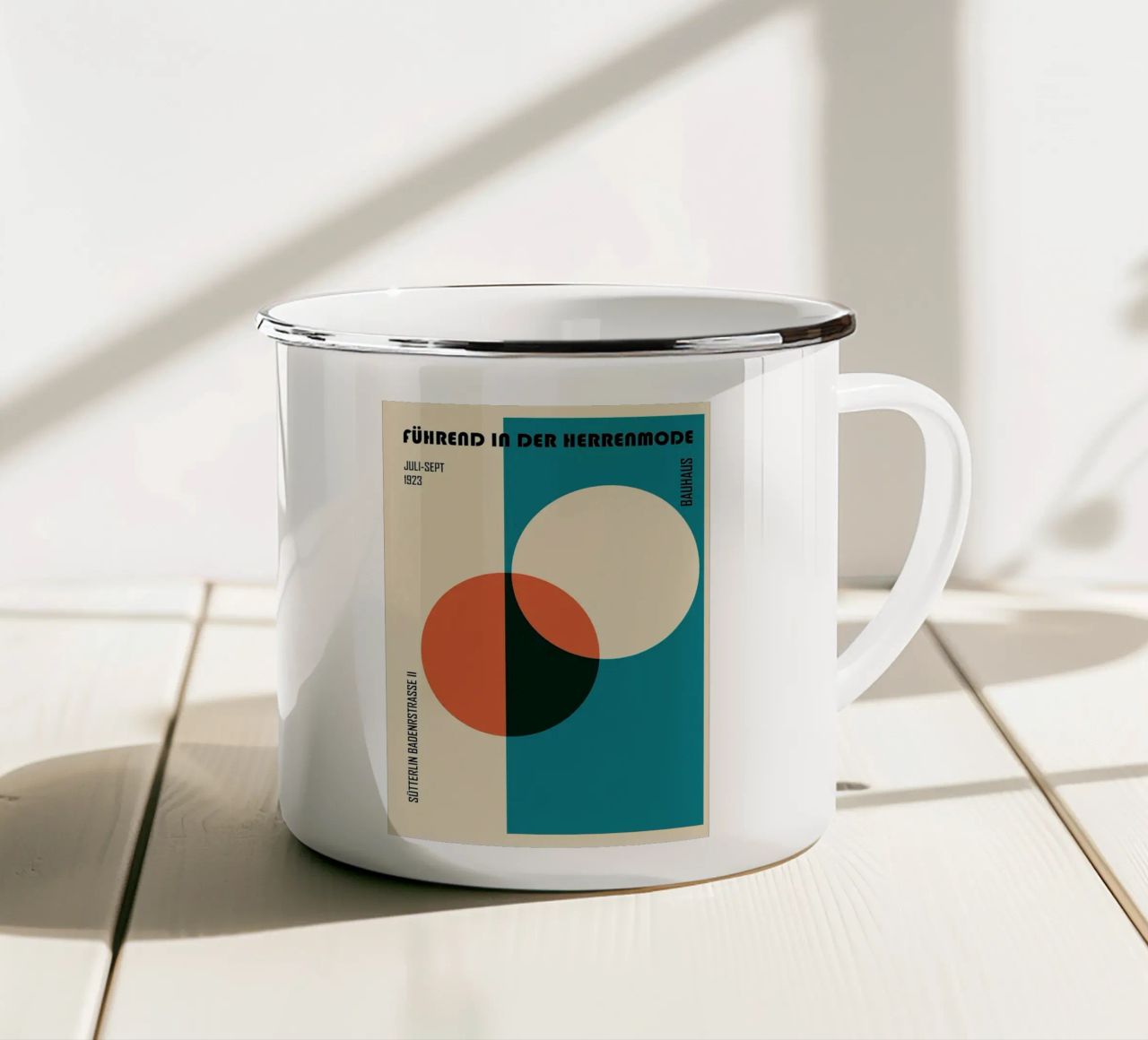 geometric shapes circles red circle blue circle enamel mug by Lindsey W Fernandez