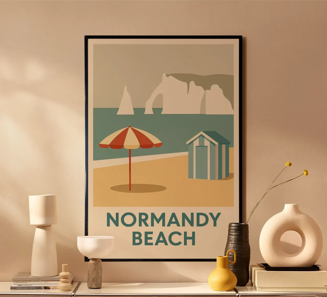 Fuga retrò sulla spiaggia della Normandia carta hahnemühle da JETLAG | affiches voyage