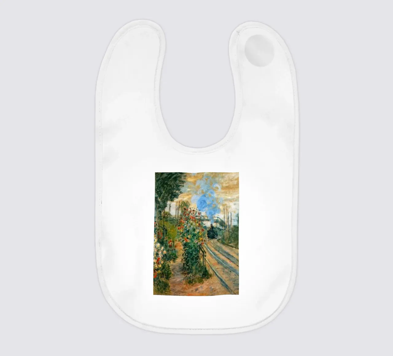 view of the train station baby bib by SMG Store