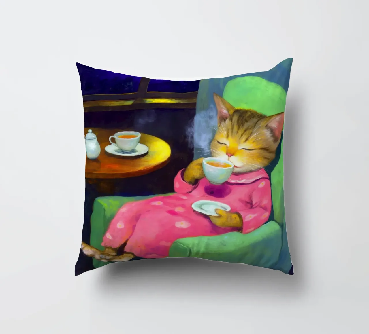 Gatto accogliente beve il tè cuscino da Fleur de Lys