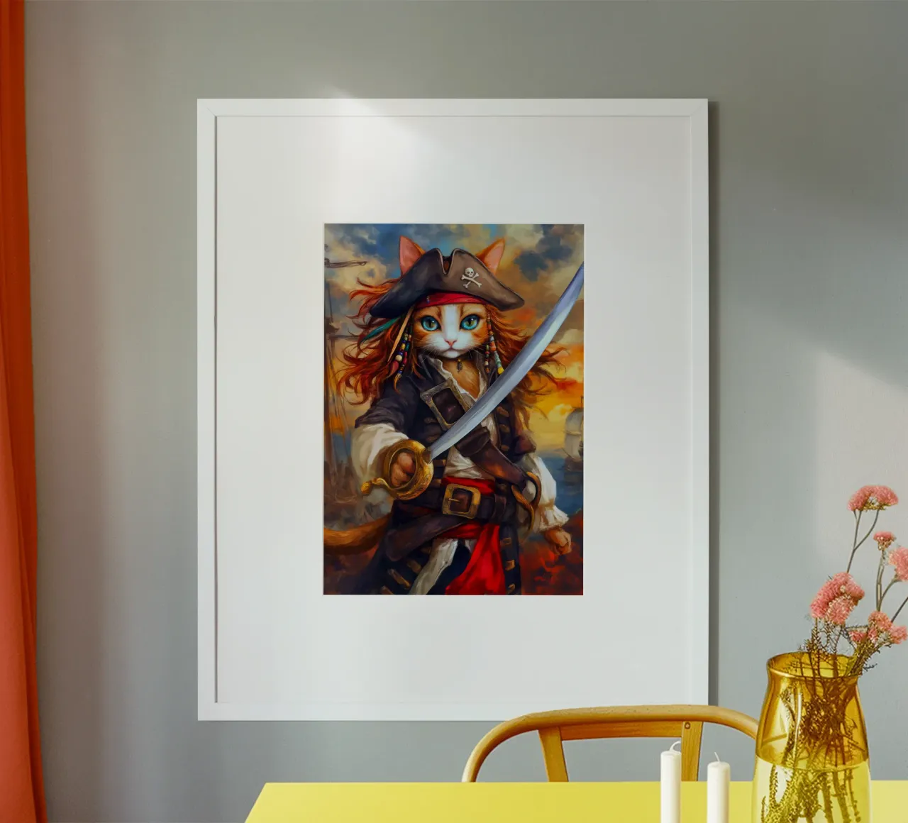Pirati dei Caraibi Capitano Gatto con spada carta hahnemühle da Fleur de Lys