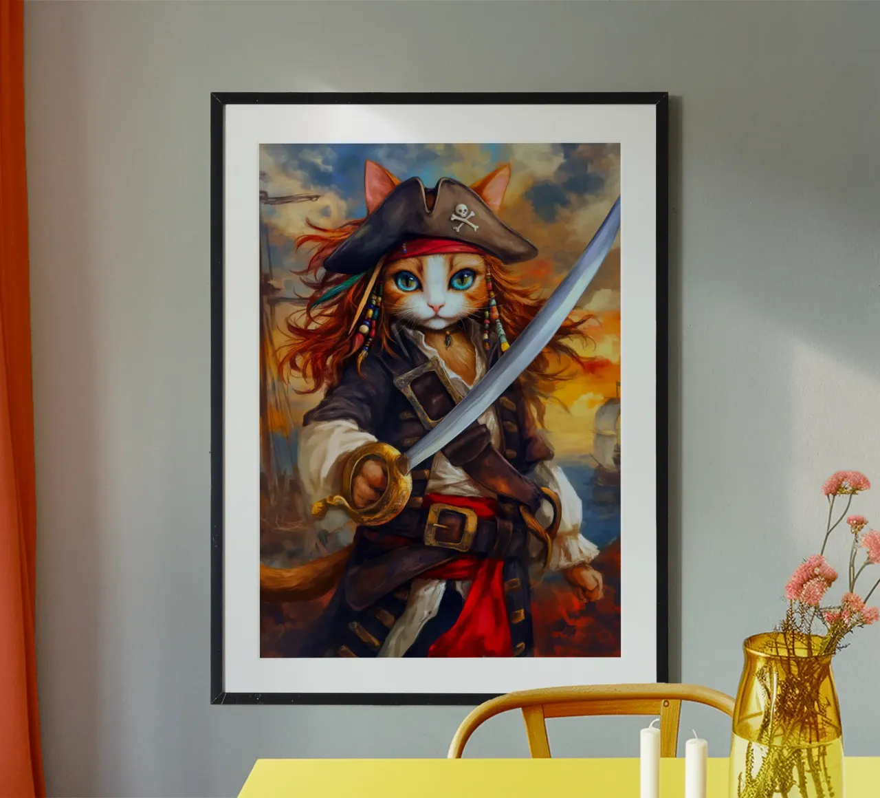 Pirati dei Caraibi Capitano Gatto con spada carta hahnemühle da Fleur de Lys