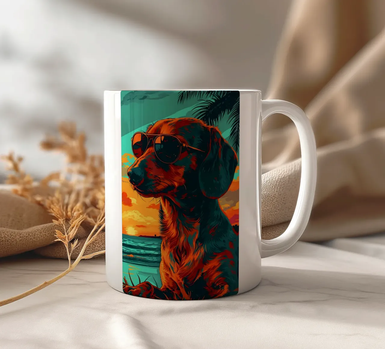 Dackel mit Sonnenbrille am Strand Keramik Tasse von WILD ART