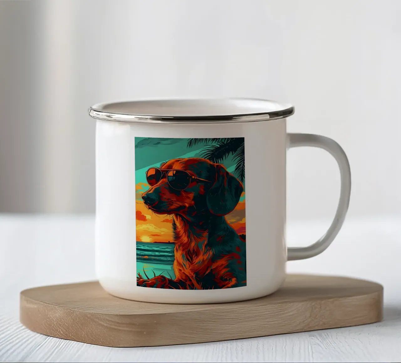 Dackel mit Sonnenbrille am Strand tazza in smalto da WILD ART