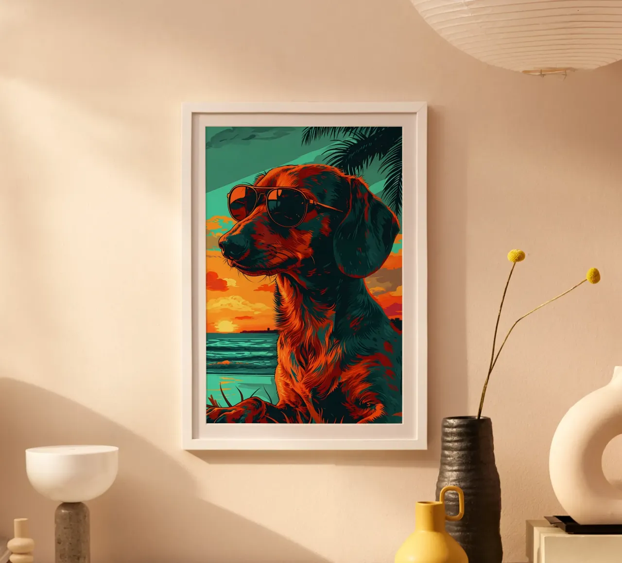 Dackel mit Sonnenbrille am Strand poster con telaio in legno da WILD ART