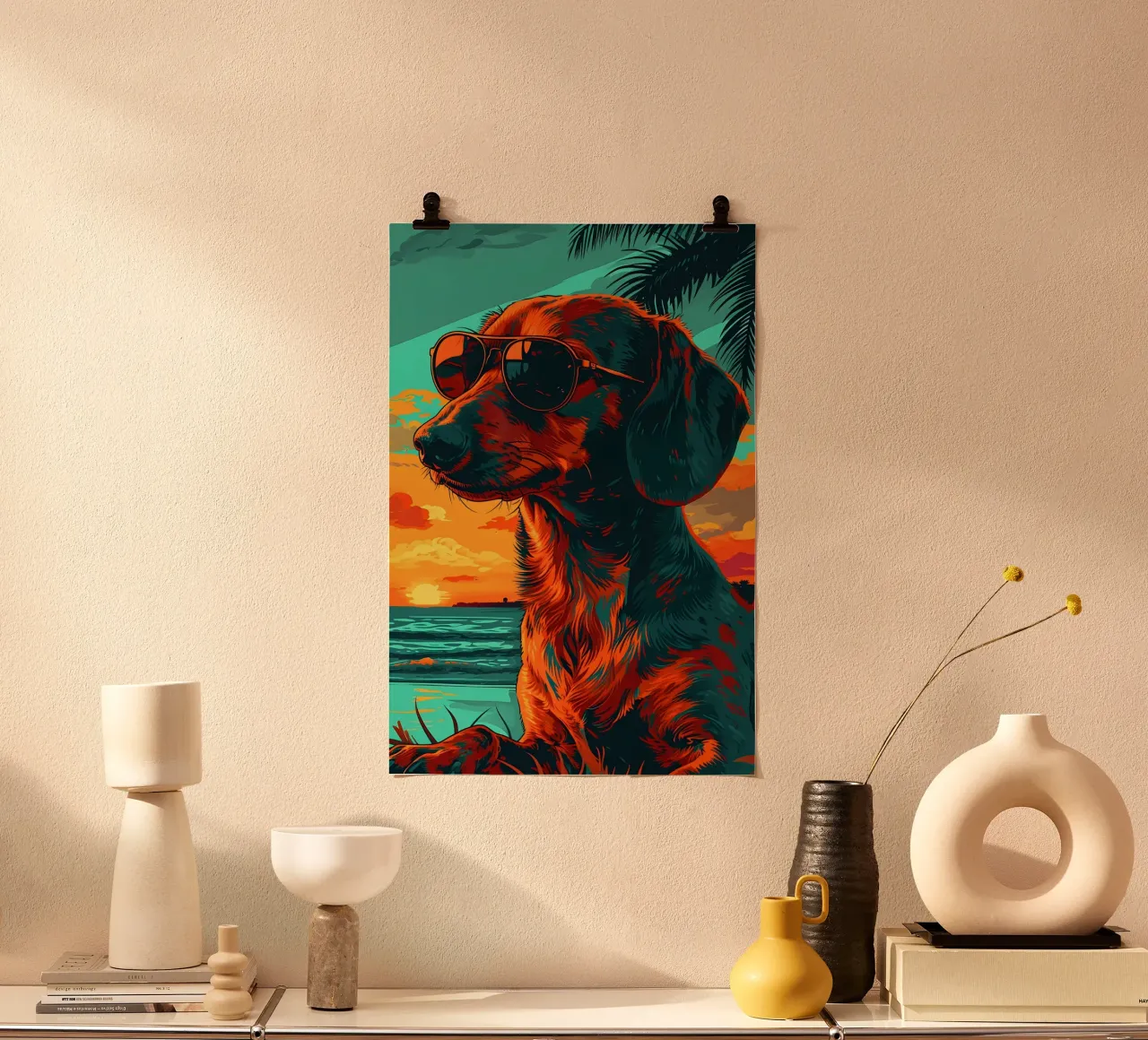Dackel mit Sonnenbrille am Strand poster con telaio in legno da WILD ART