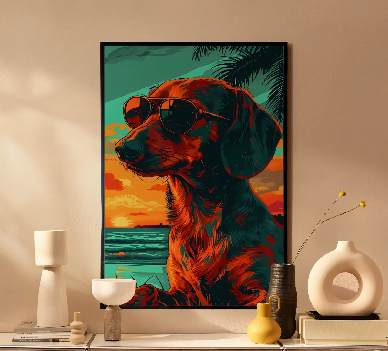 Dackel mit Sonnenbrille am Strand poster con telaio in legno da WILD ART