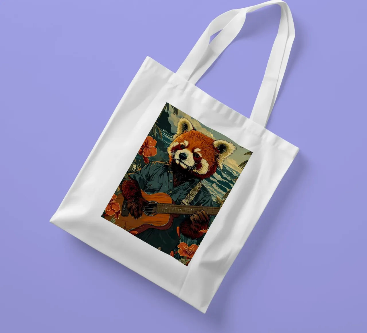Roter Panda mit Gitarre am Strand borsa in juta da WILD ART