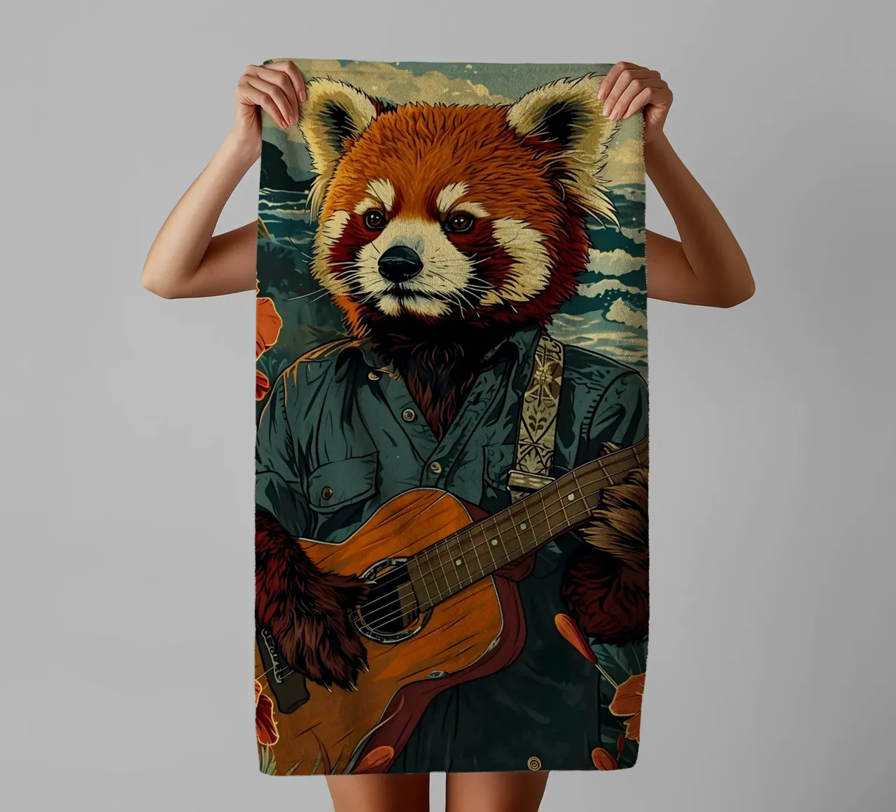 Roter Panda mit Gitarre am Strand asciugamano da bagno da WILD ART