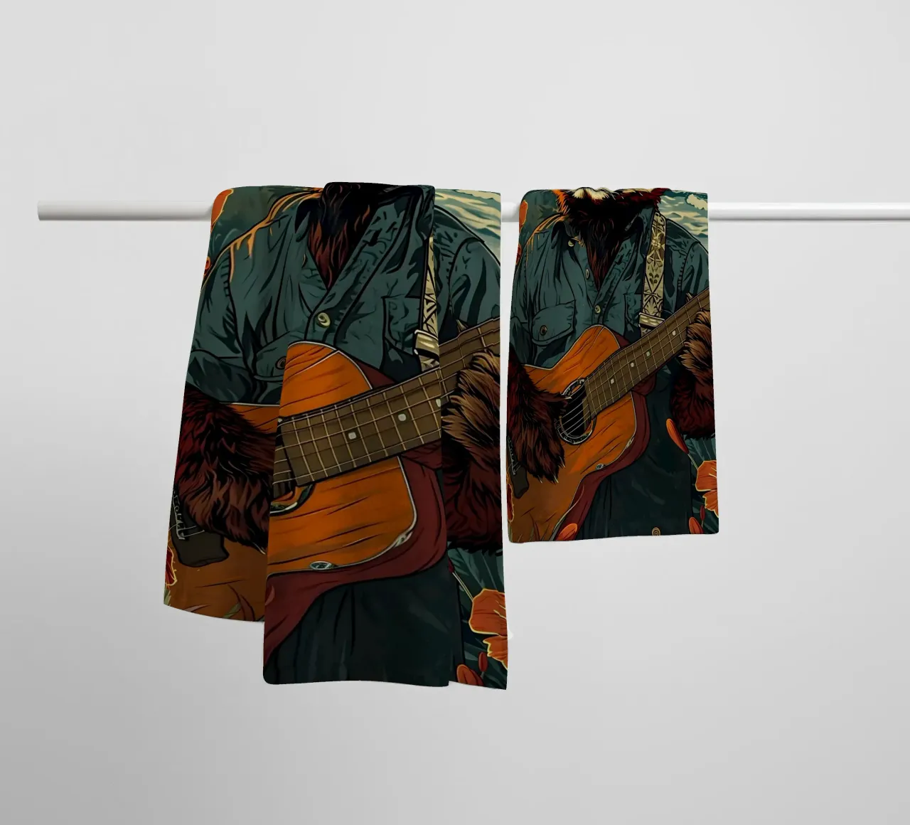 Roter Panda mit Gitarre am Strand asciugamano da bagno da WILD ART