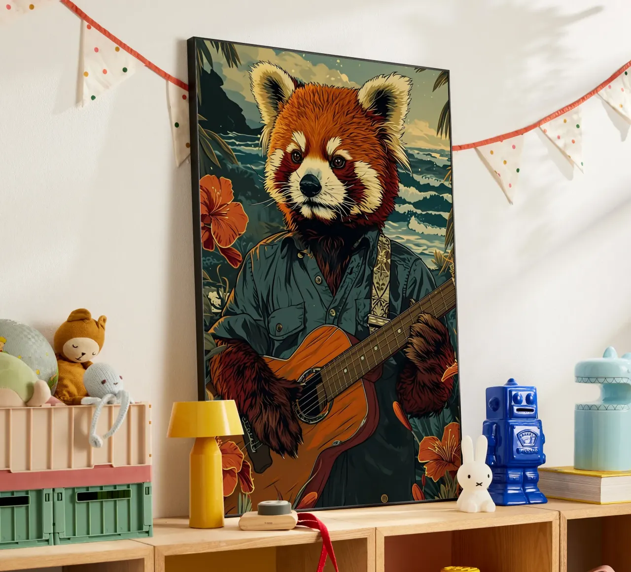 Roter Panda mit Gitarre am Strand alluminio dibond da WILD ART