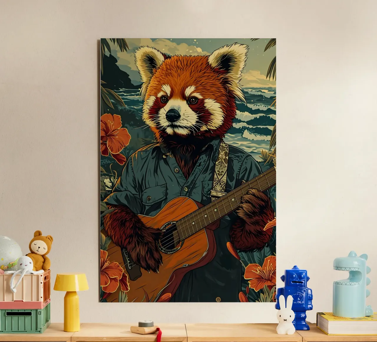 Roter Panda mit Gitarre am Strand alluminio dibond da WILD ART