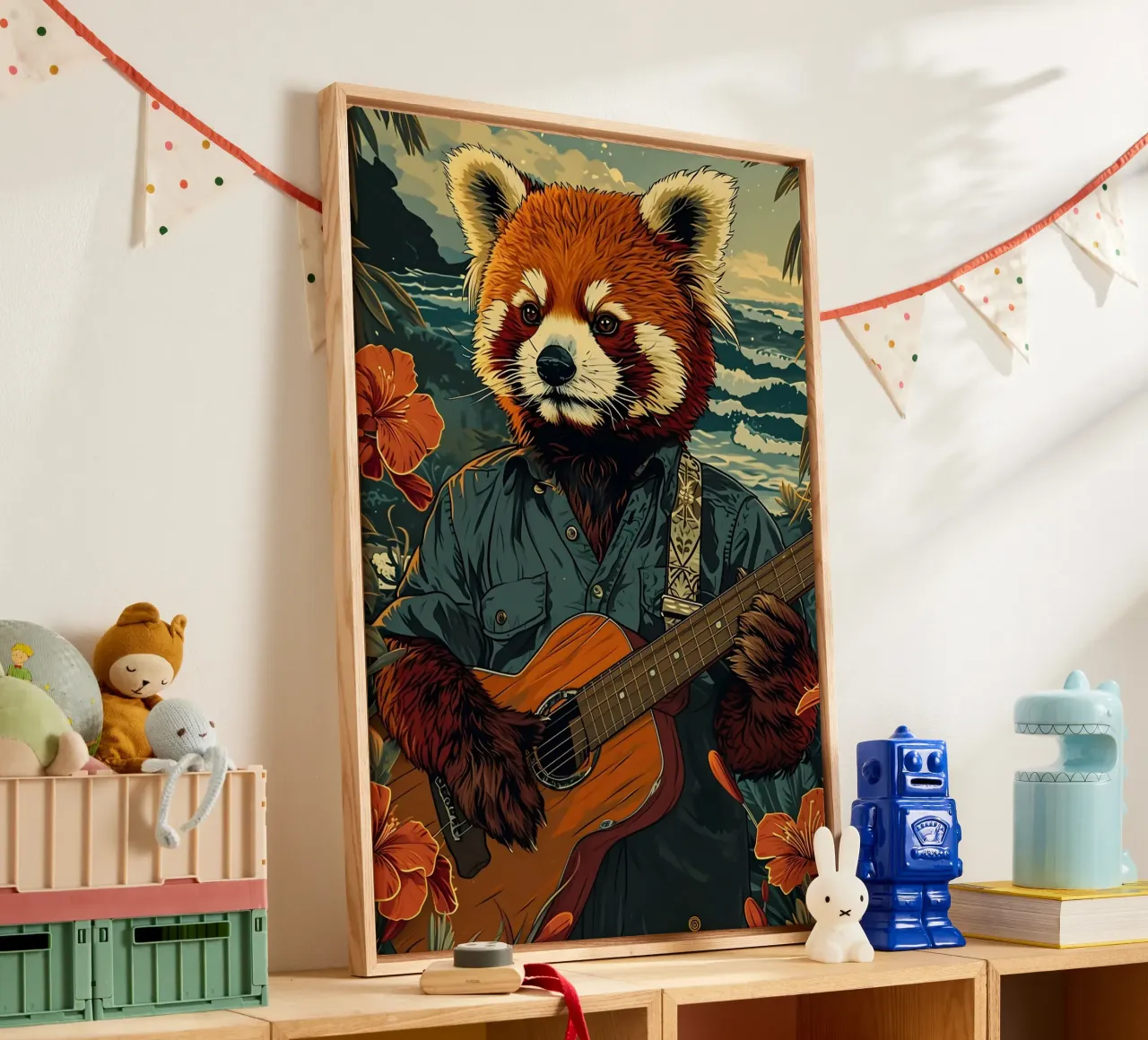 Roter Panda mit Gitarre am Strand canvas met Baklijst van WILD ART