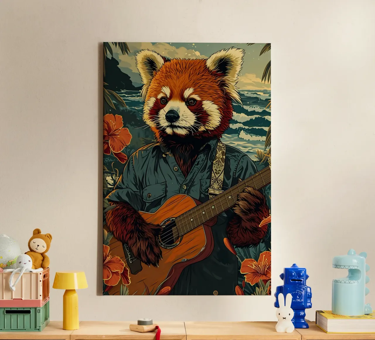 Roter Panda mit Gitarre am Strand canvas met Baklijst van WILD ART
