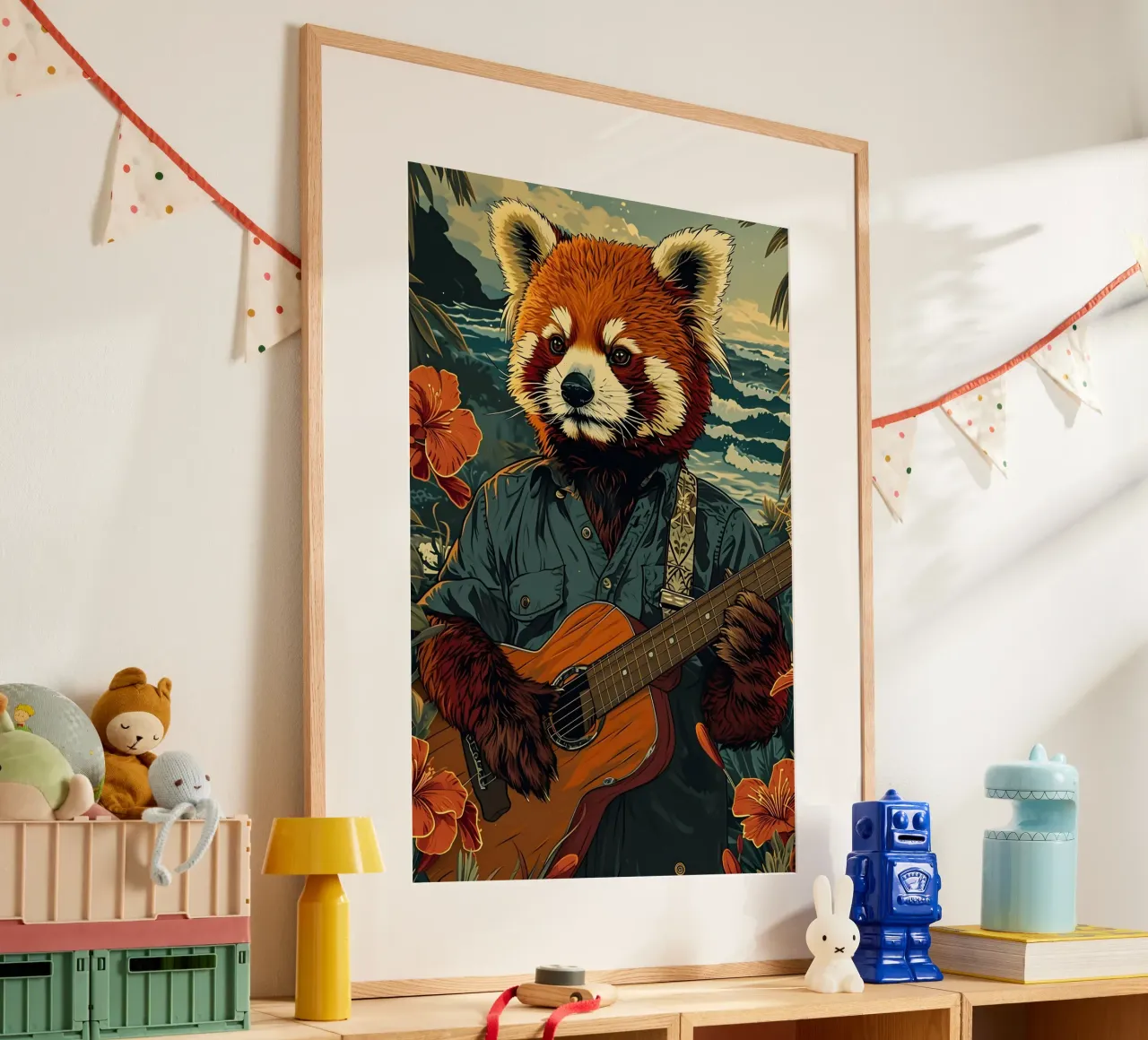Roter Panda mit Gitarre am Strand carta hahnemühle da WILD ART