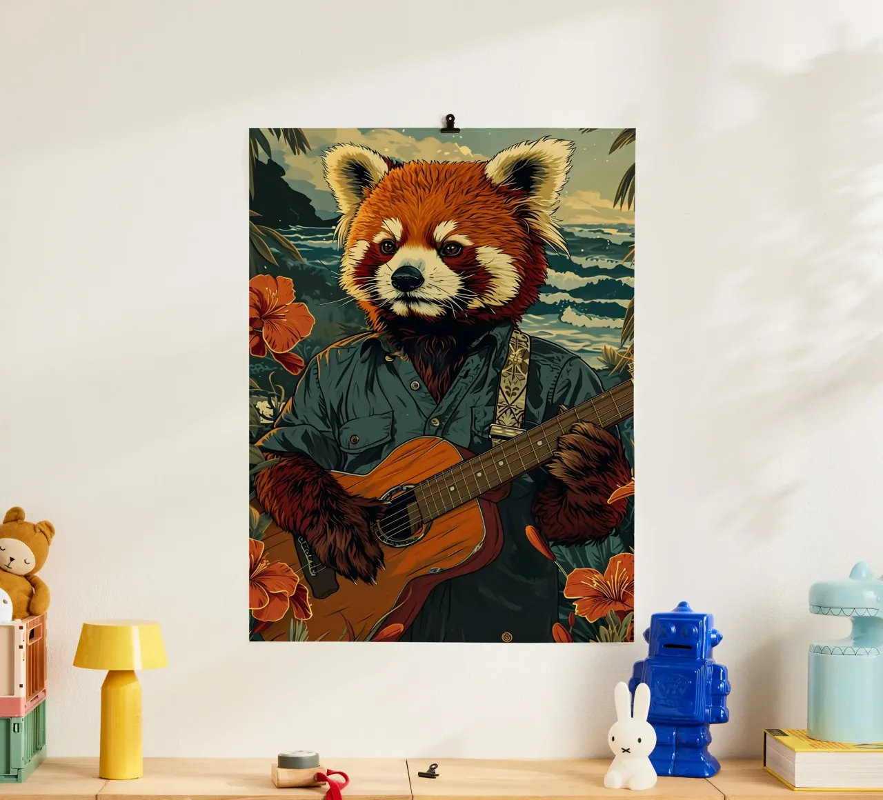 Roter Panda mit Gitarre am Strand carta hahnemühle da WILD ART