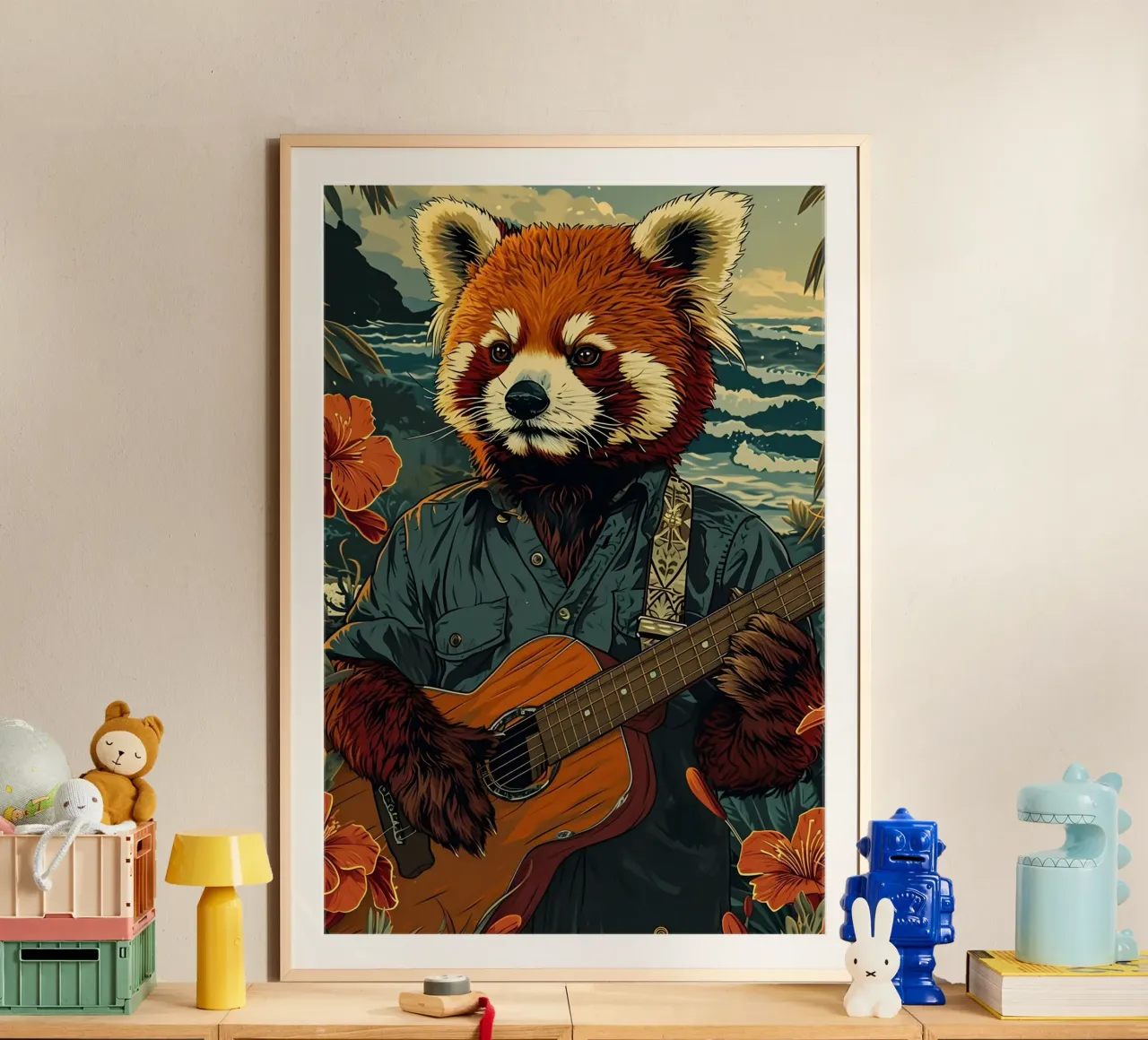 Roter Panda mit Gitarre am Strand carta hahnemühle da WILD ART