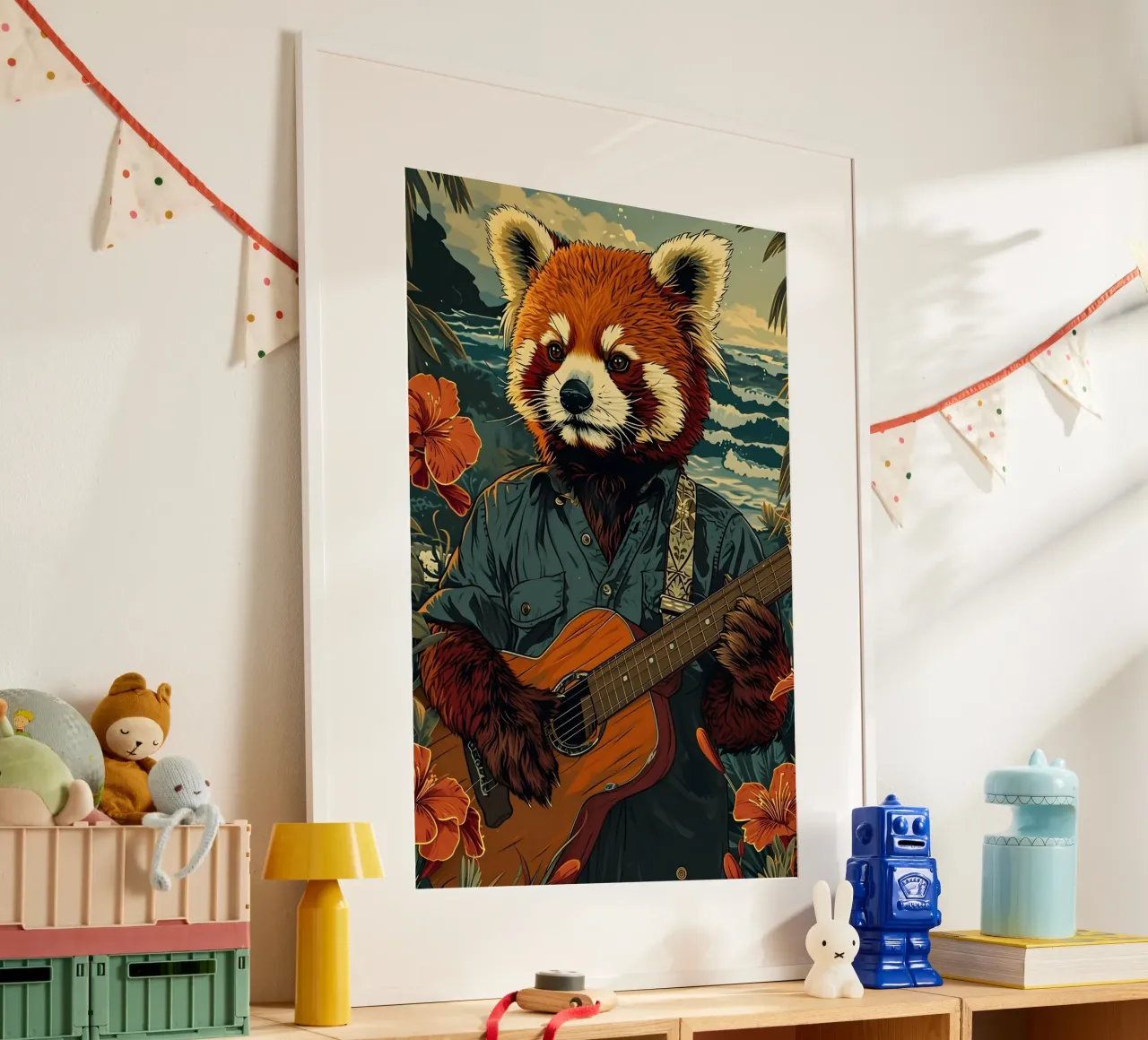 Roter Panda mit Gitarre am Strand carta hahnemühle da WILD ART