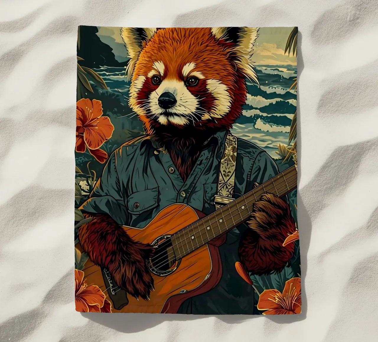 Roter Panda mit Gitarre am Strand telo mare da WILD ART