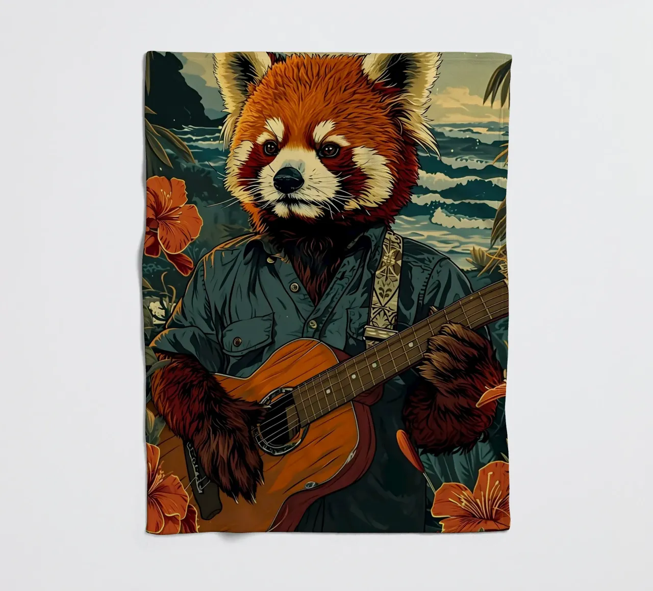Roter Panda mit Gitarre am Strand coperta in pile da WILD ART