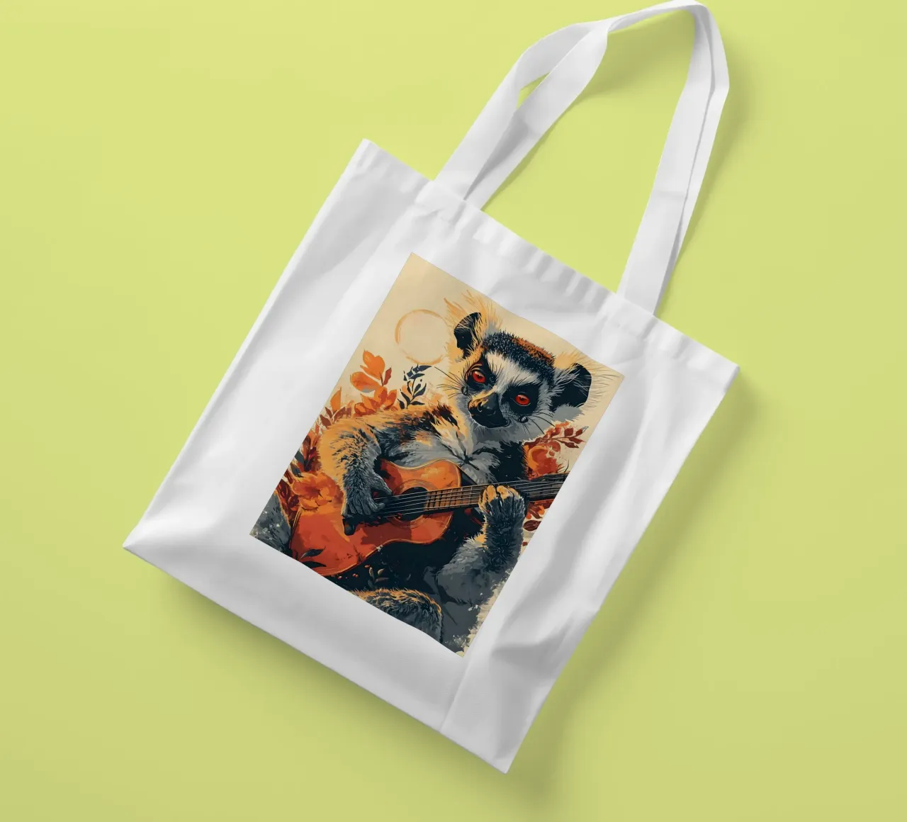 Lemur mit Gitarre am Strand borsa in juta da WILD ART