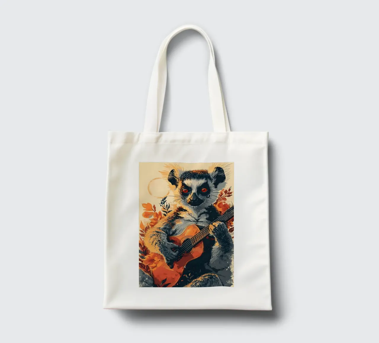 Lemur mit Gitarre am Strand borsa in juta da WILD ART