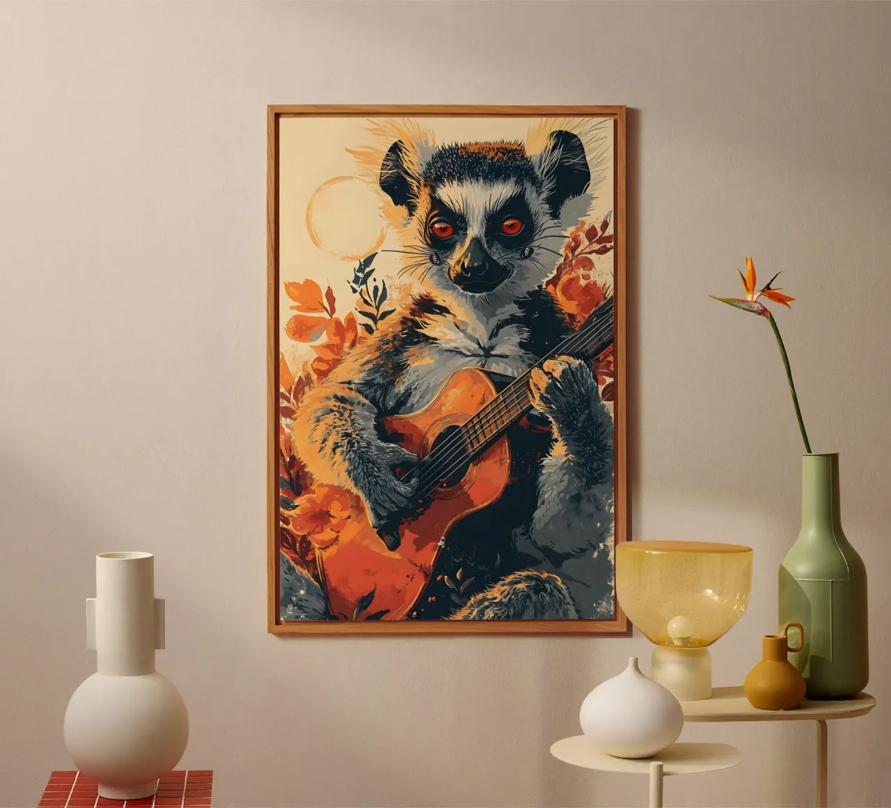 Lemur mit Gitarre am Strand alluminio dibond da WILD ART
