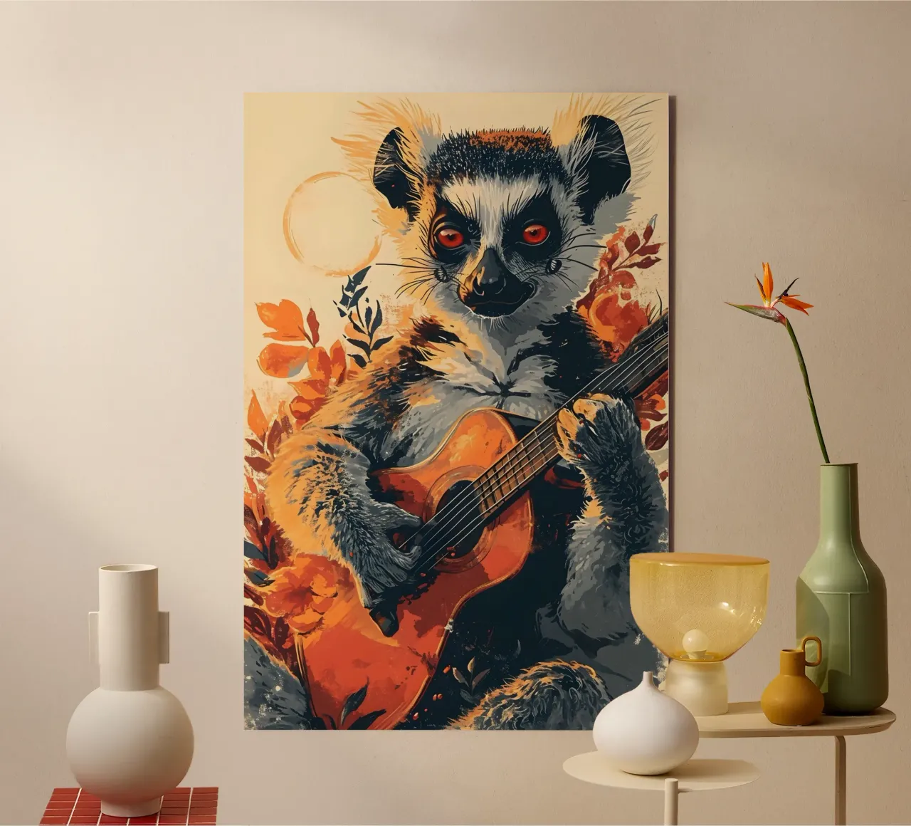 Lemur mit Gitarre am Strand alluminio dibond da WILD ART