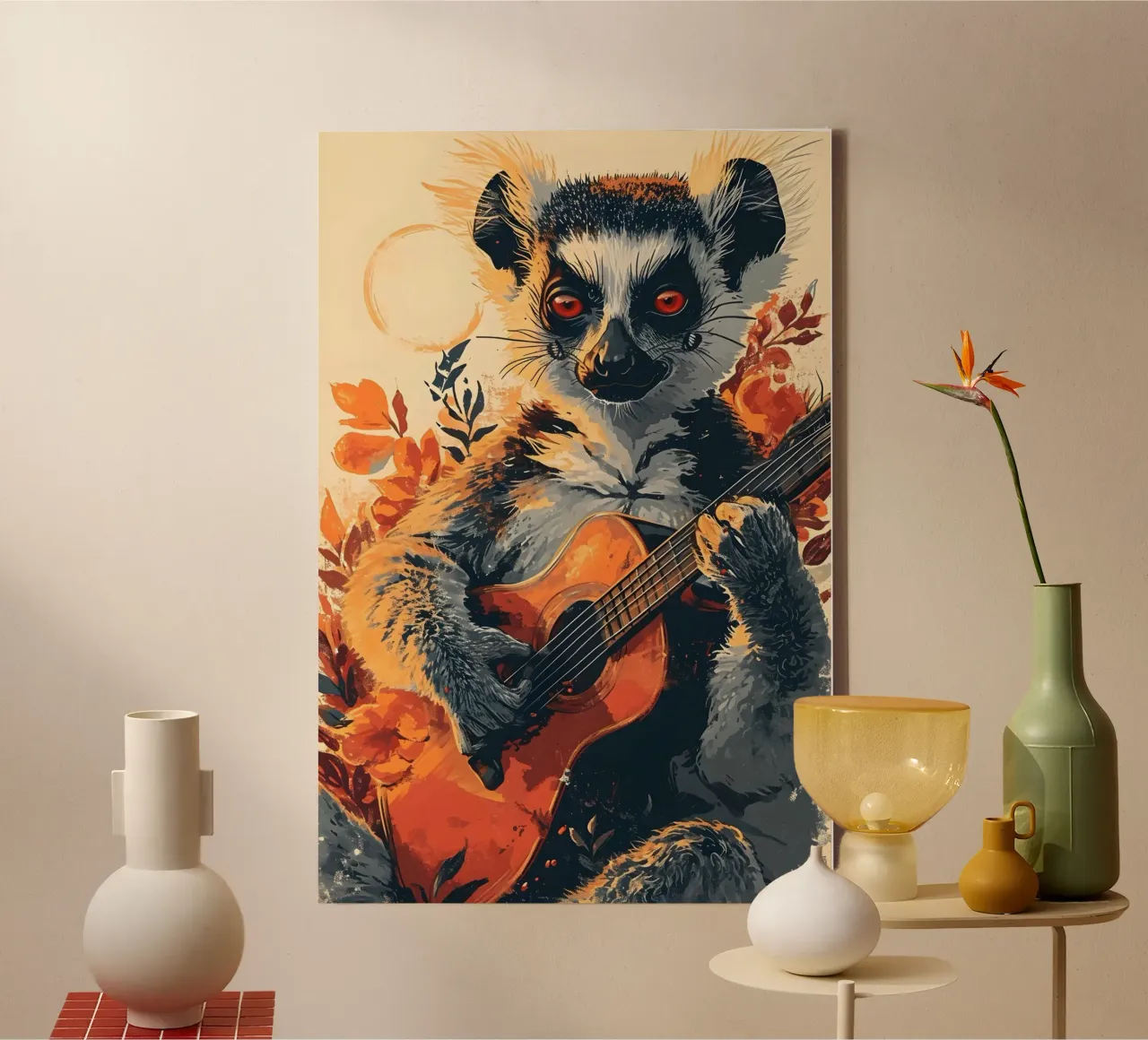 Lemur mit Gitarre am Strand canvas by WILD ART