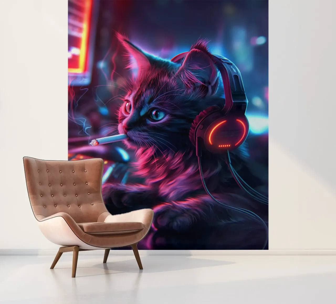 Gatto fumatore di Cyberpunk Gamer carta da parati fotografica da Fleur de Lys
