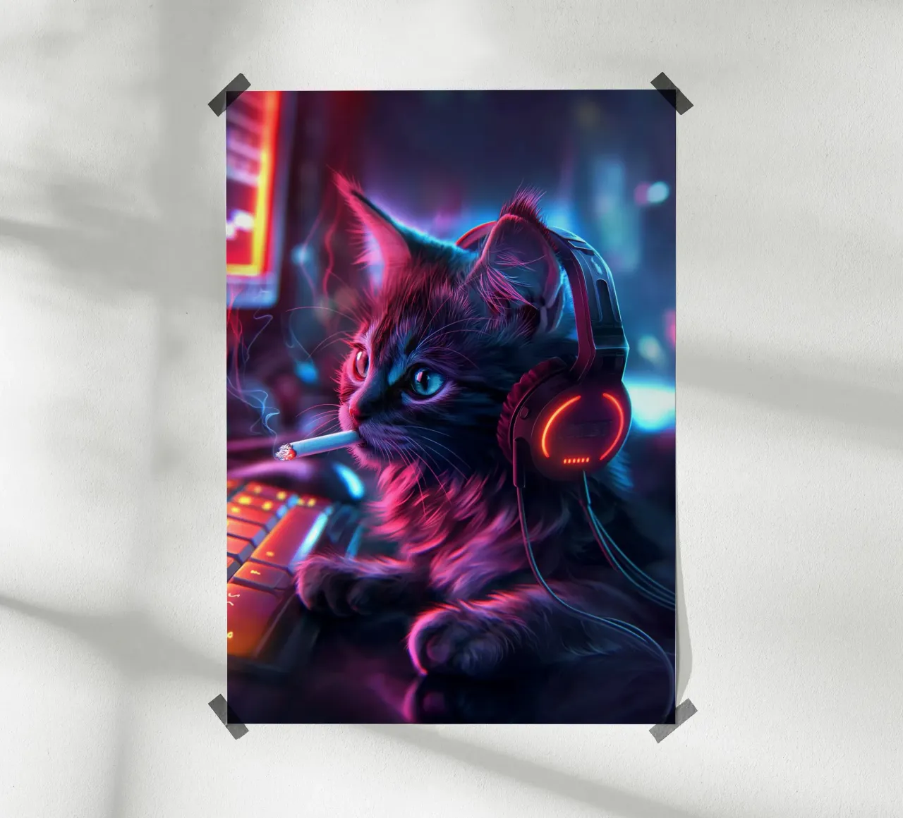 Gatto fumatore di Cyberpunk Gamer poster da Fleur de Lys