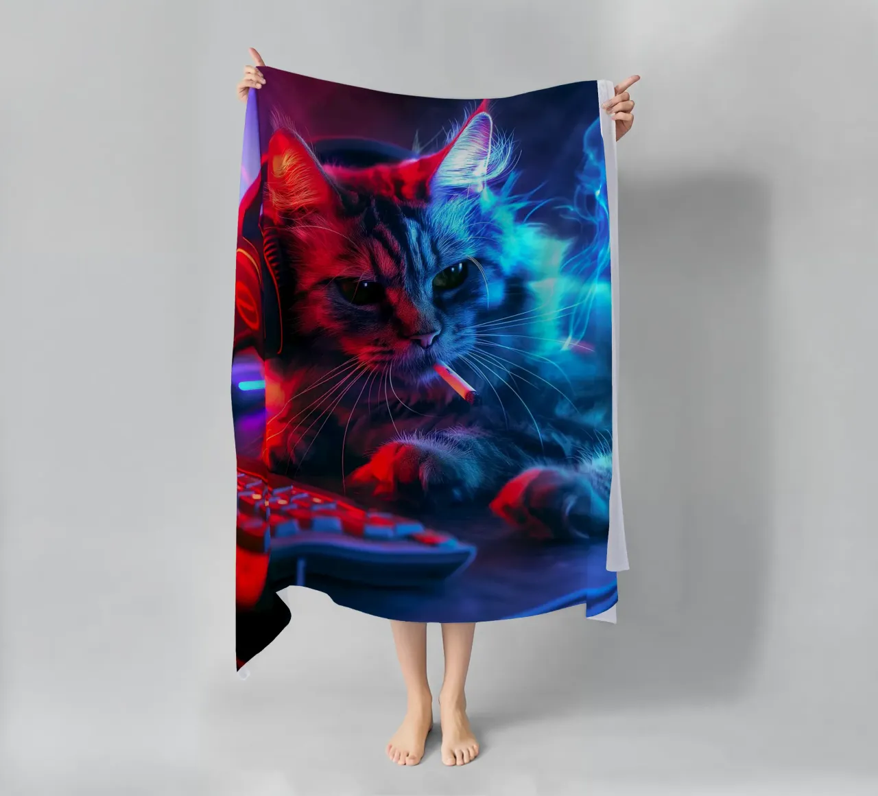 Gatto fumatore di Cyberpunk Gamer telo mare da Fleur de Lys