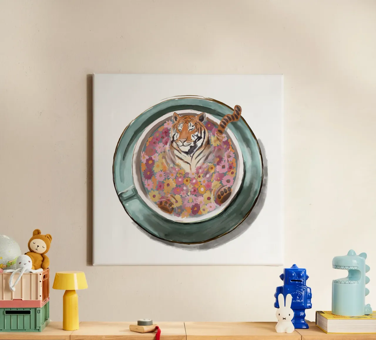 Baño de tigre / nadar en una taza de té Flores de baño boho magic lienzo con Marco flotante de This Wild Soul - Illustration