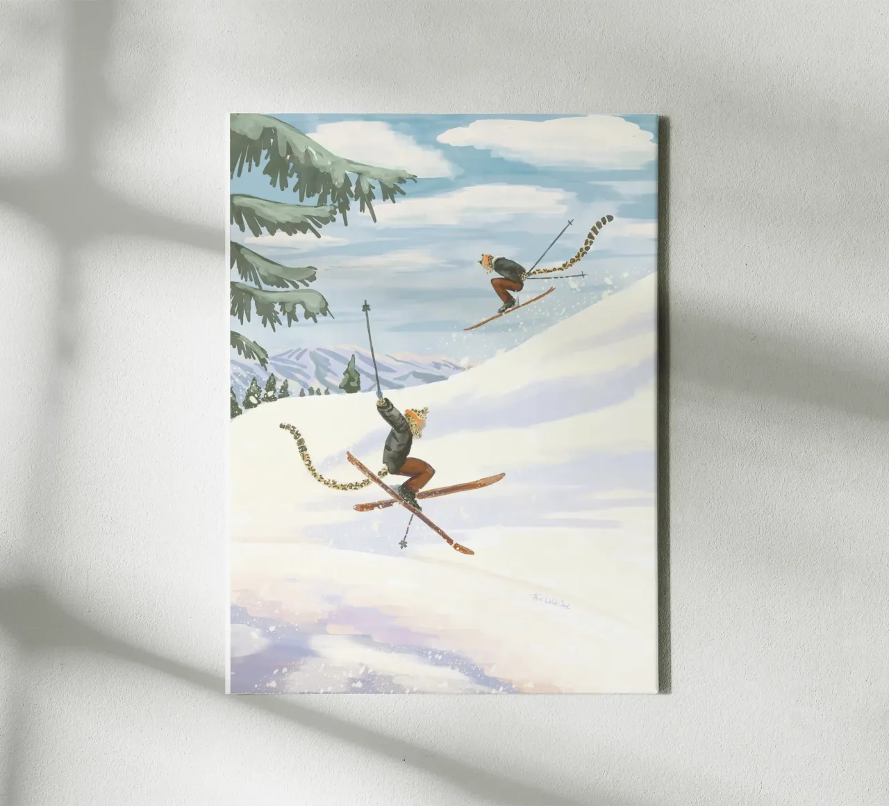 Whimsical playful pastel colour Leopard Skiing in mountains canvas with Floater frame by This Wild Soul - Illustration
