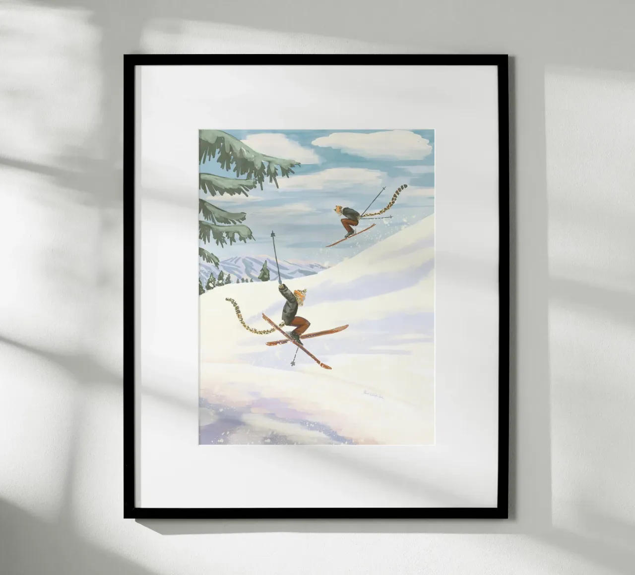 Whimsical playful pastel colour Leopard Skiing in mountains poster with plastic frame by This Wild Soul - Illustration