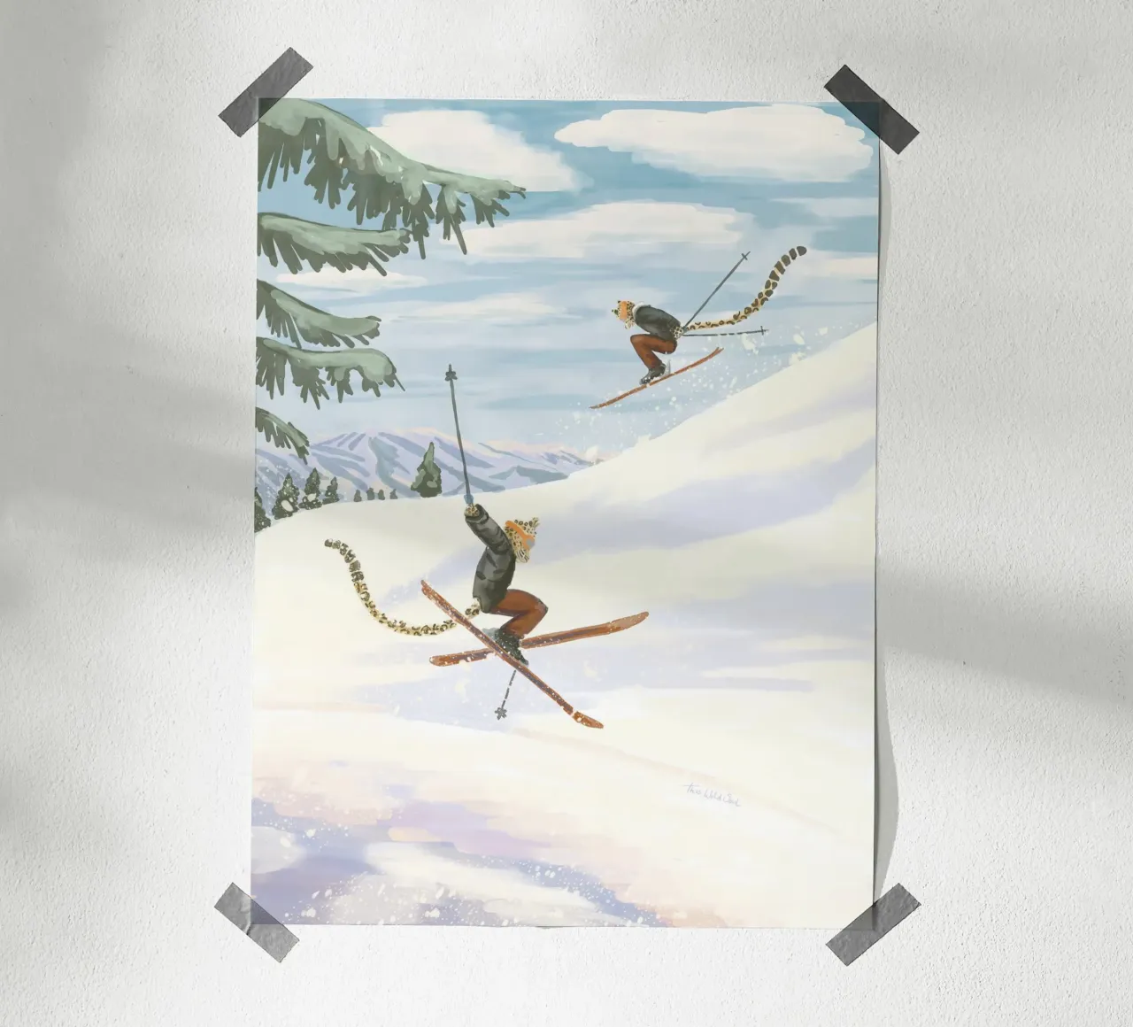 Whimsical playful pastel colour Leopard Skiing in mountains poster with plastic frame by This Wild Soul - Illustration