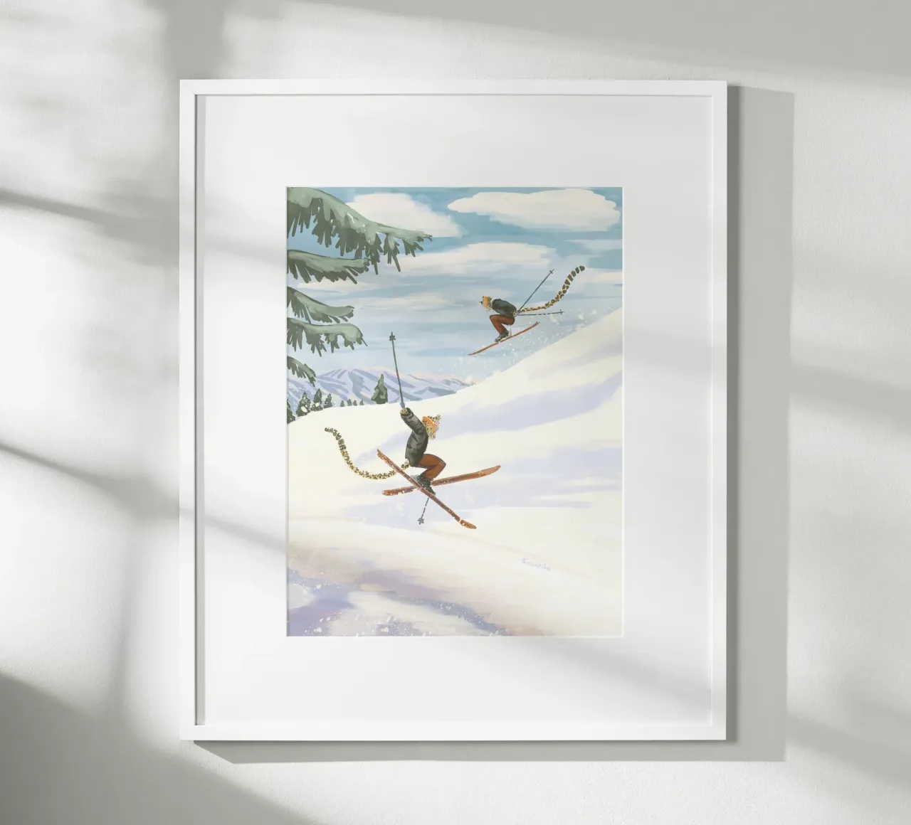 Whimsical playful pastel colour Leopard Skiing in mountains poster with plastic frame by This Wild Soul - Illustration