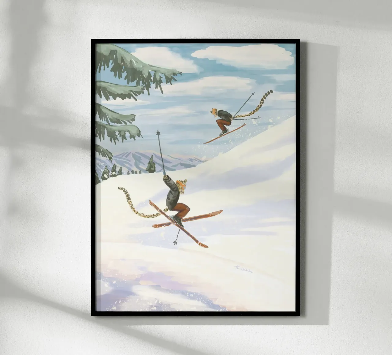 Whimsical playful pastel colour Leopard Skiing in mountains poster with plastic frame by This Wild Soul - Illustration