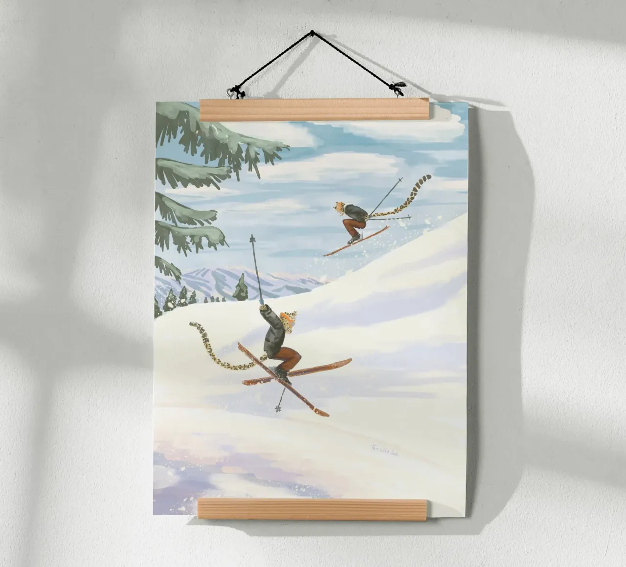 Whimsical playful pastel colour Leopard Skiing in mountains poster with plastic frame by This Wild Soul - Illustration
