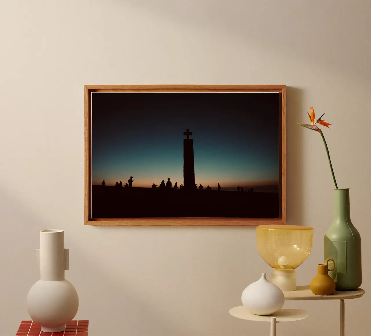 Cross Statue over the sunset canvas with Floater frame by KISSA STUDIO