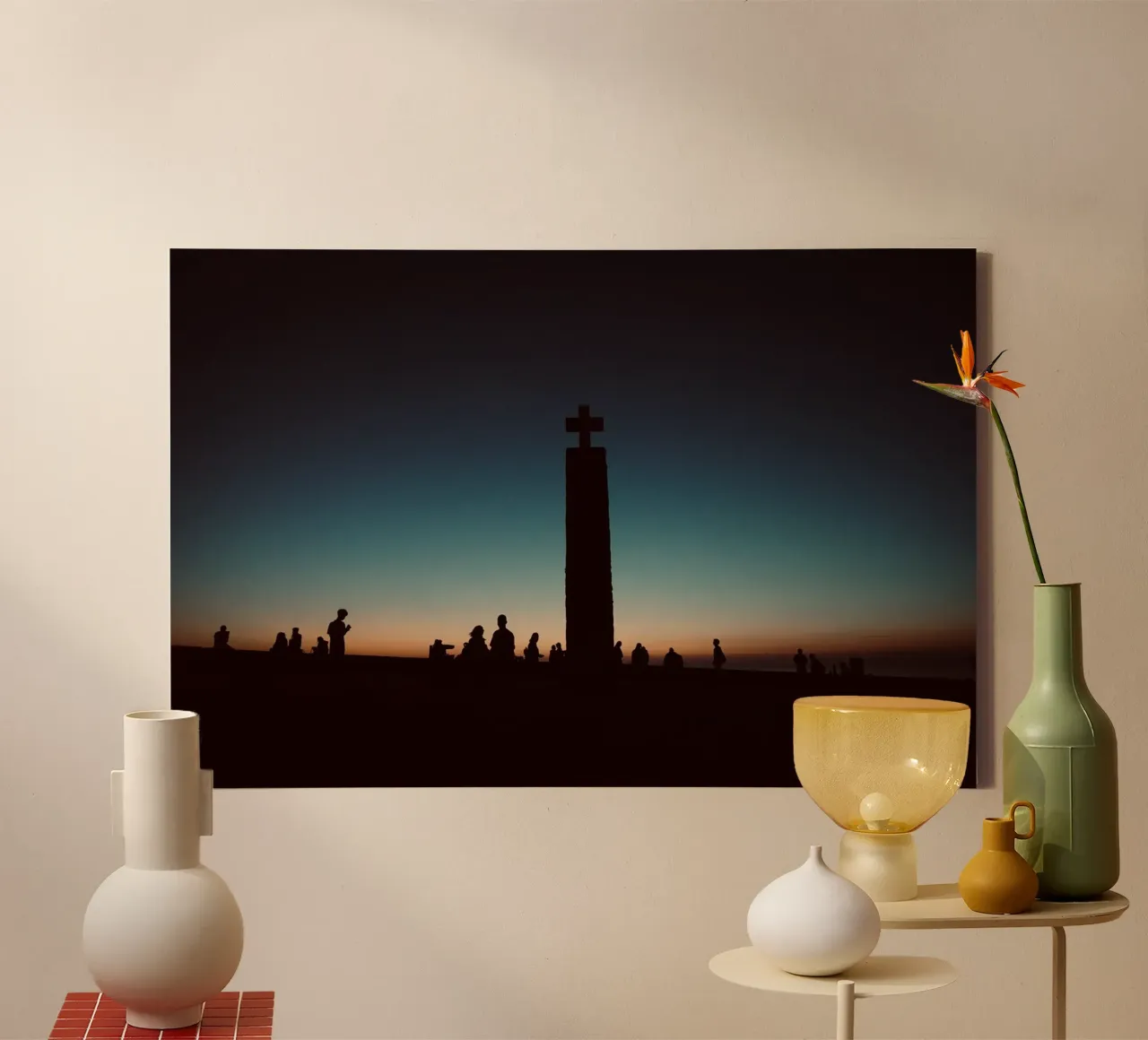 Cross Statue over the sunset canvas with Floater frame by KISSA STUDIO