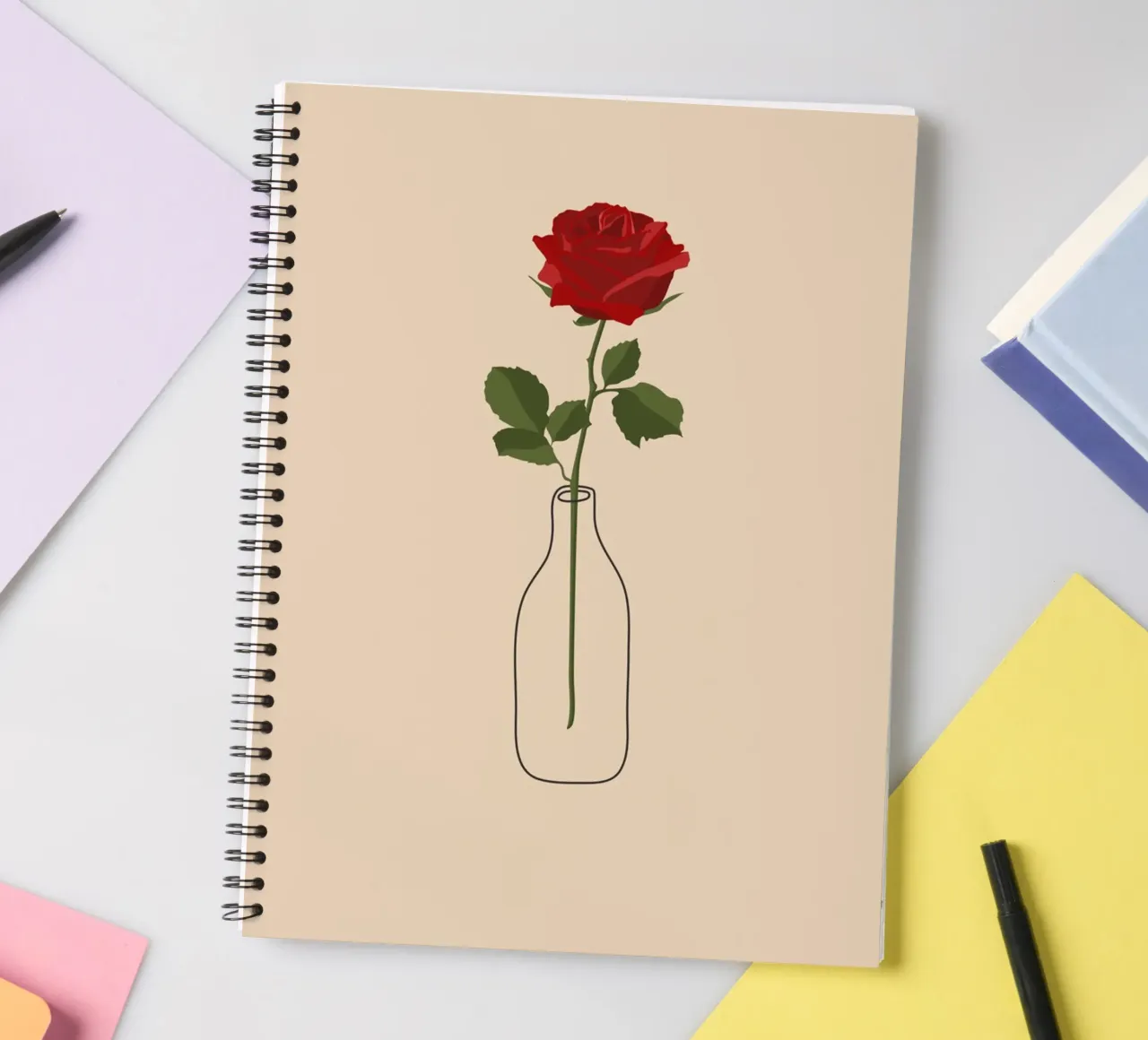 Single Red Rose in Vase | Minimalist Botanical Art Print spiral notebook by NorwesClub