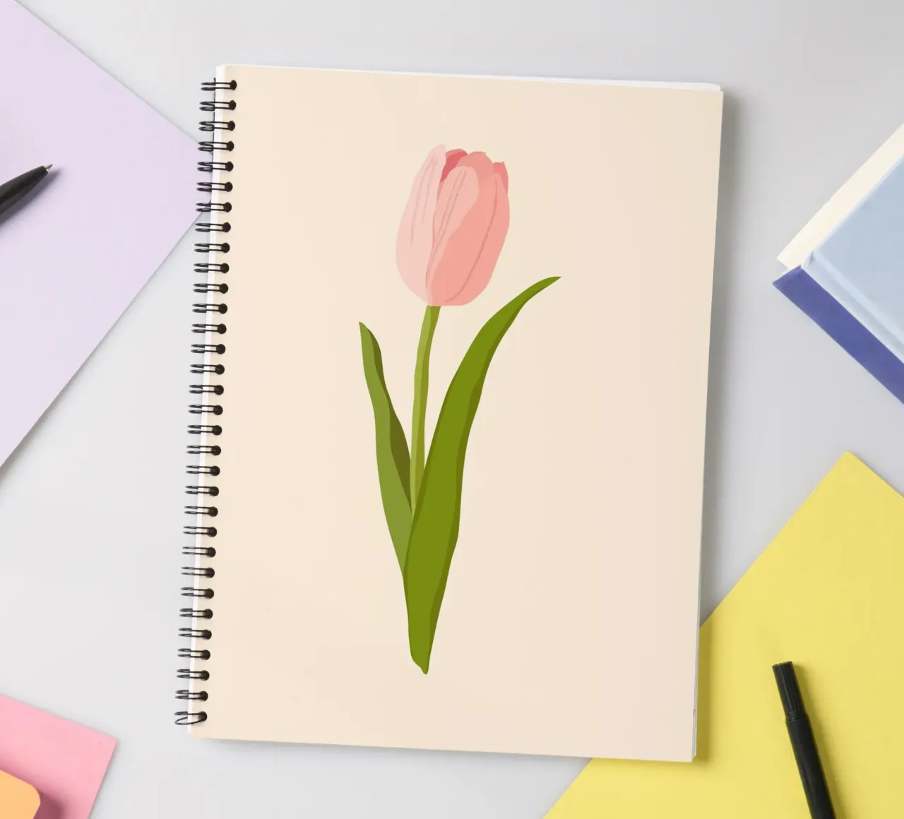Elegant Pink Tulip Bloom | Minimalist Botanical Art Print spiral notebook by NorwesClub