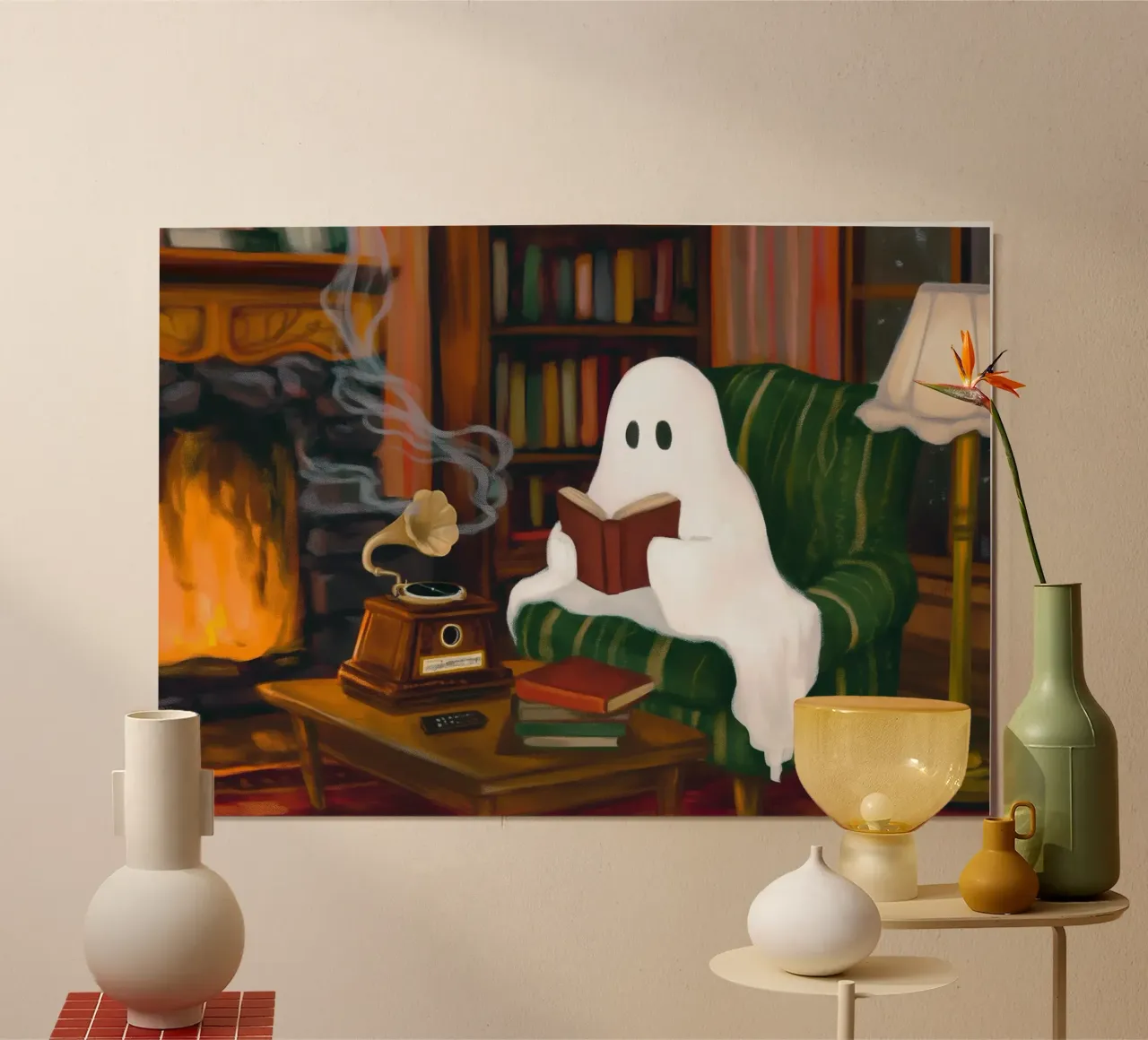 Libro di lettura Halloween Spooky Ghost di Fireplace poster da Fleur de Lys